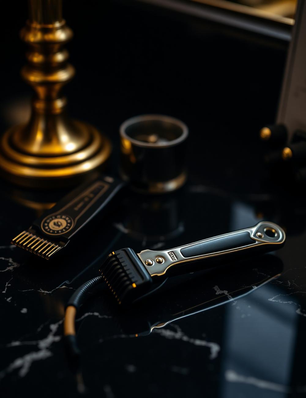Clippers and grooming tools laid out on a dark marble counter