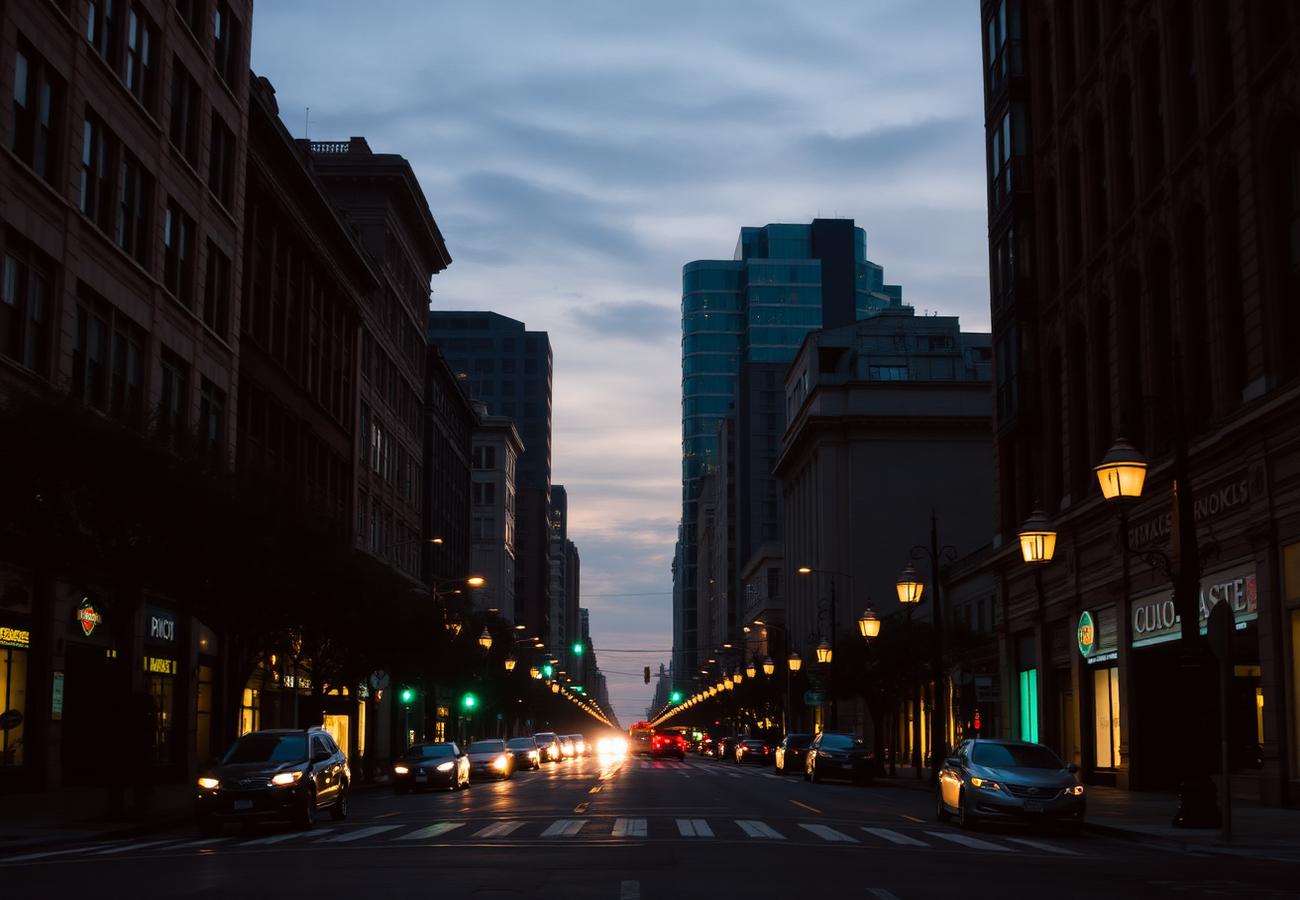 Downtown Los Angeles street at dusk near 7th Street