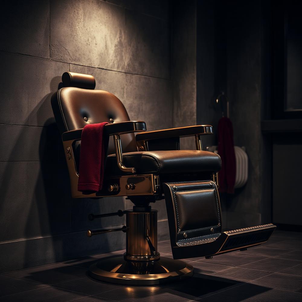 Leather barber chair with brass detailing in a dark, modern shop