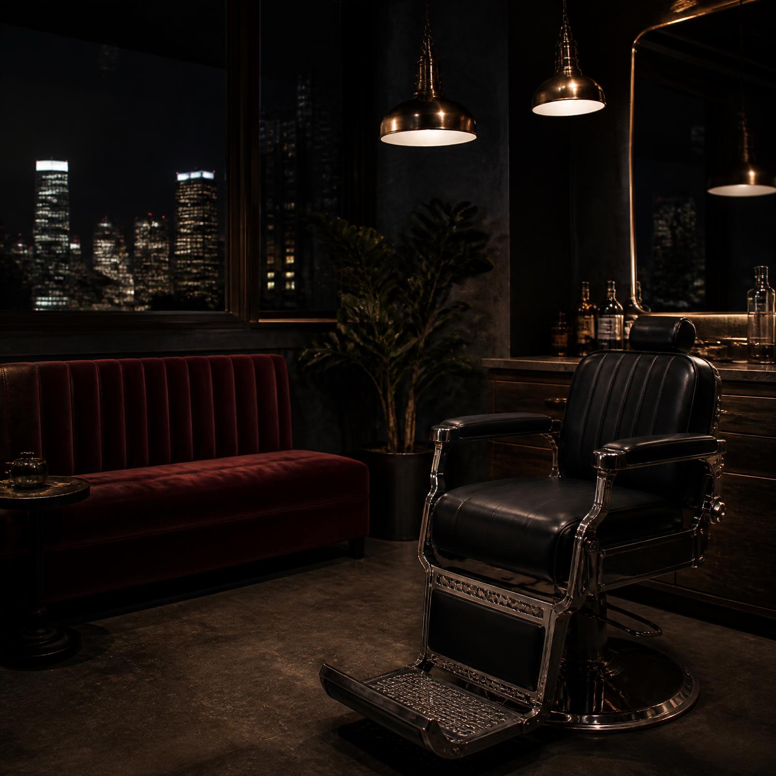 Interior of Black Hollywood barbershop with warm lighting and a classic barber chair